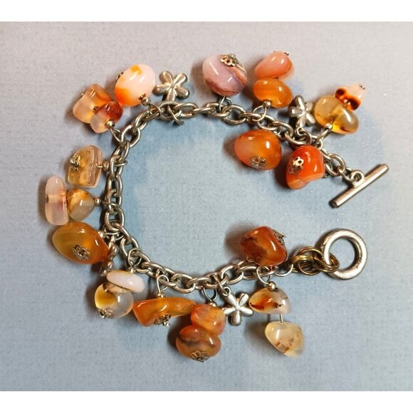 Carnelian Stone Charm Bracelet With Silver-Tone Chain & Floral Accents - Picture 1 of 5